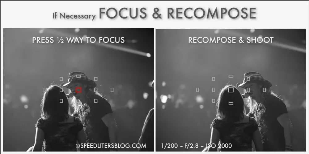 Focus and recompose example: concert crowd photo shown before and after recomposing