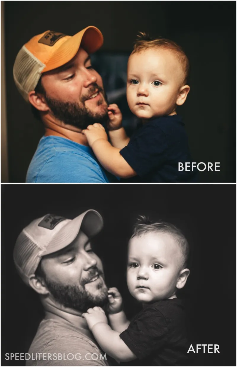 Before and after of a father holding his baby, with the background darkened in Lightroom